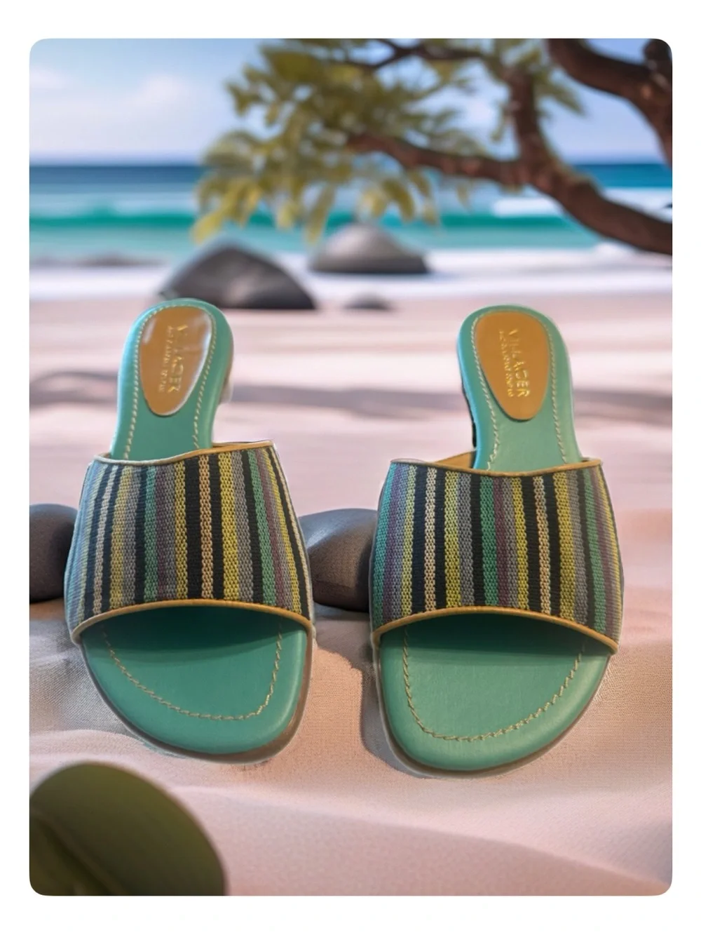Villager A Liz Claiborne CompanyTeal Slide Sandals with Multicolor Striped Upper